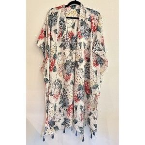 Sheer Hibiscus Floral Print Open Front Tassel Fringe Kimono Cardigan‎ Top